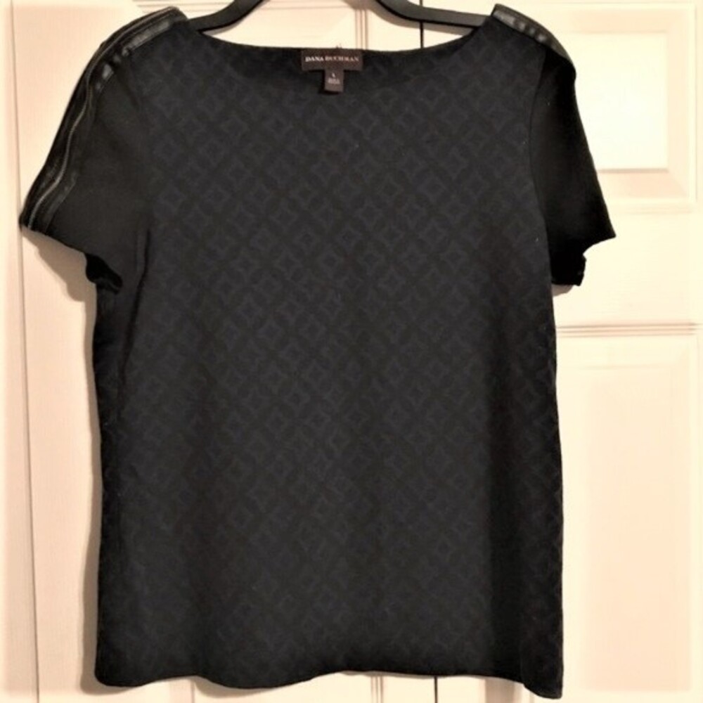 DANA BUCHMAN Women's Size Large Blue Black Top Faux Leather Zipper Moto